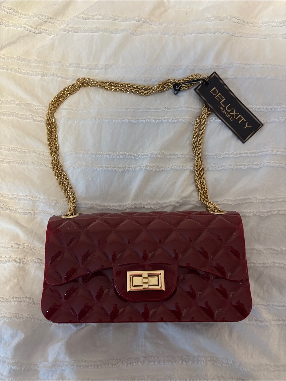 Quilted Patent Crossbody Bag in Burgundy